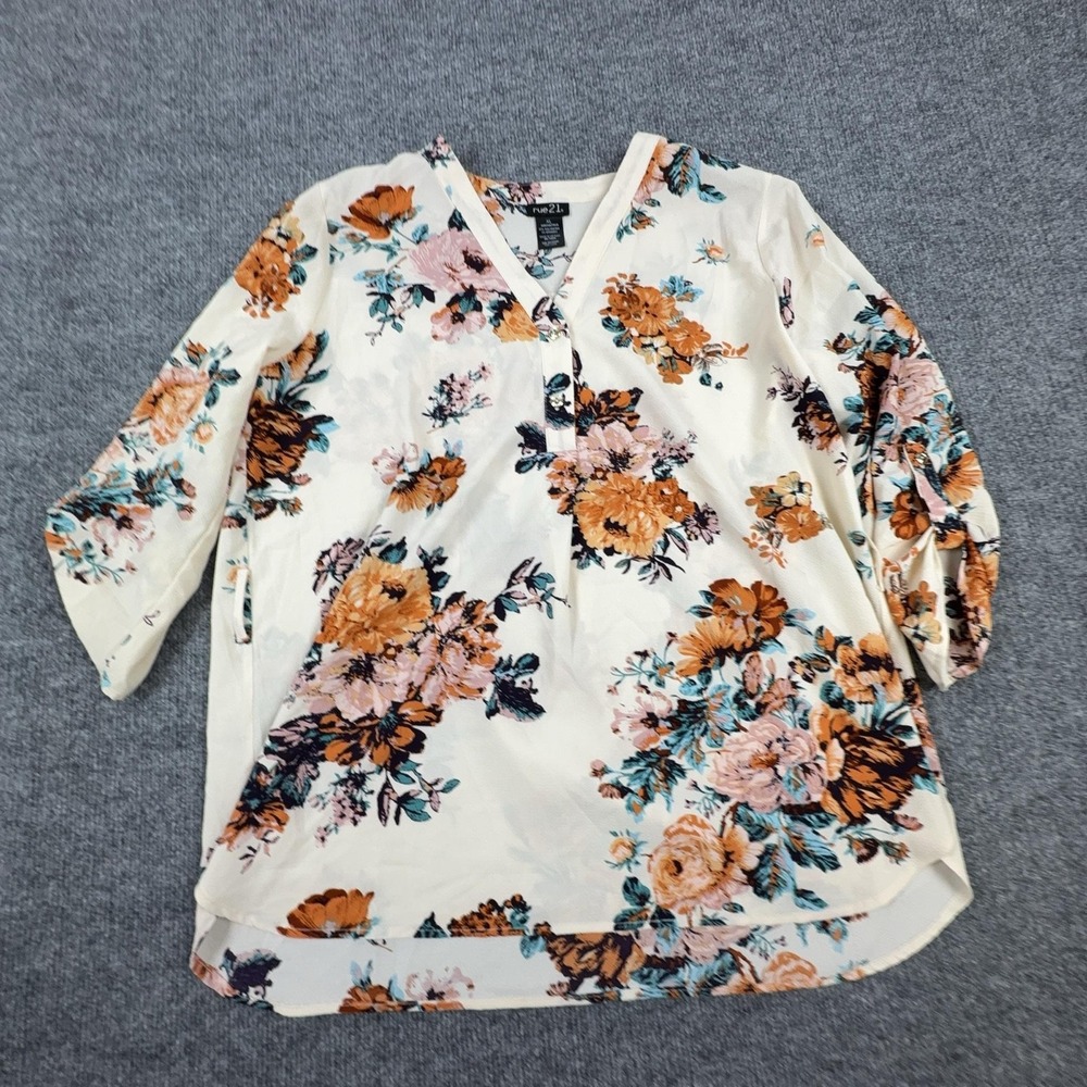 Rue21 Blouse Juniors XL Multicolor Floral Henley 3/4 Roll Tab Tunic Top